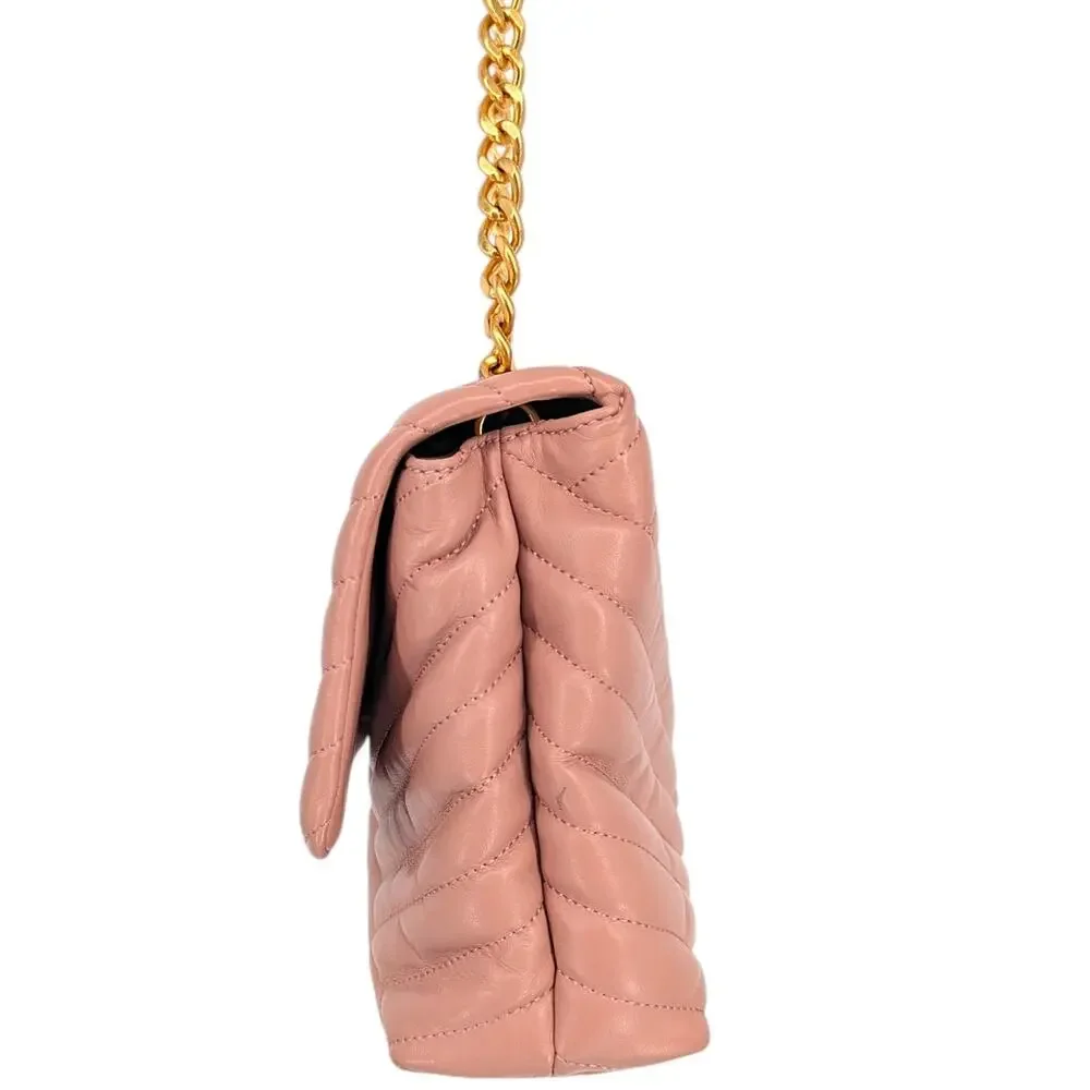 Tory Burch Kira Meadow Sweet Pink Leather Chain Shoulder Bag Gold